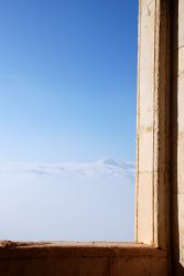 The snowy mountains out the window