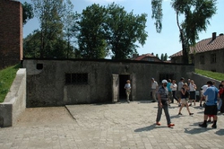 The outside of the gas chambers at Auschwitz