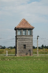 A close up of one of the towers at Birkenau