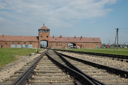 Looking back at the entrance gates to Birkenau from inside the camp