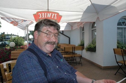 Paul in a roadside cafe on our way to Auschwitz and Krakow