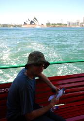 Andrew on the ferry in Sydney Harbour