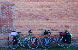 Bikes on a brick wall