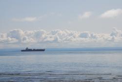 A tanker on the St. Lawrence River speeding along